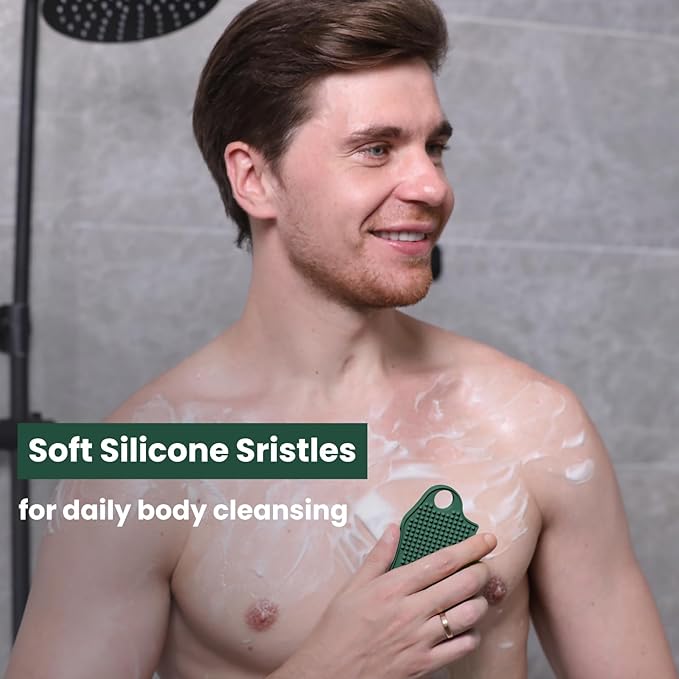 Silicone Body Scrubber Silver-Infused Dual-Sided 3-in-1 for Shower, Body Cleaning+Massage+Exfoliator Body Brush Buffer for Men and Women, Silicone Loofah, Non-Slip Handle (Midnight Green)