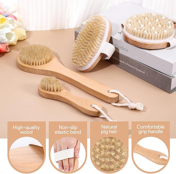4Pcs Dry Brushing Body Brush Set, Dry Brush Natural Bristle for Back Massage Lipedema Shower Lymphatic Drainage and Cellulite Treatment Improve Blood Circulation, Bath Scrubber for Body