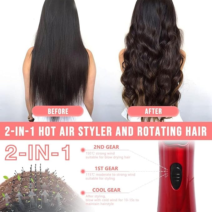 3-in-1 Auto-Rotating Hair Styler with 2 Interchangeable Brushes for Dry and Wet Hair, Curling Hot Air Dryer (Red)