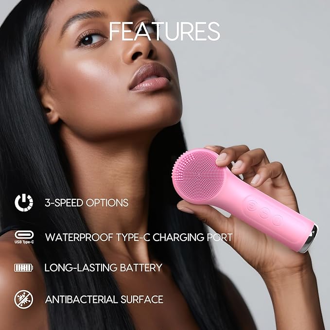 Silicone Facial Cleansing Brush, Portable Electric Face Scrubber with Heat and Vibration, 3 Modes Adjustable, Waterproof IPX6, USB-C Rechargeable, Deep Cleansing, Exfoliating and Massage