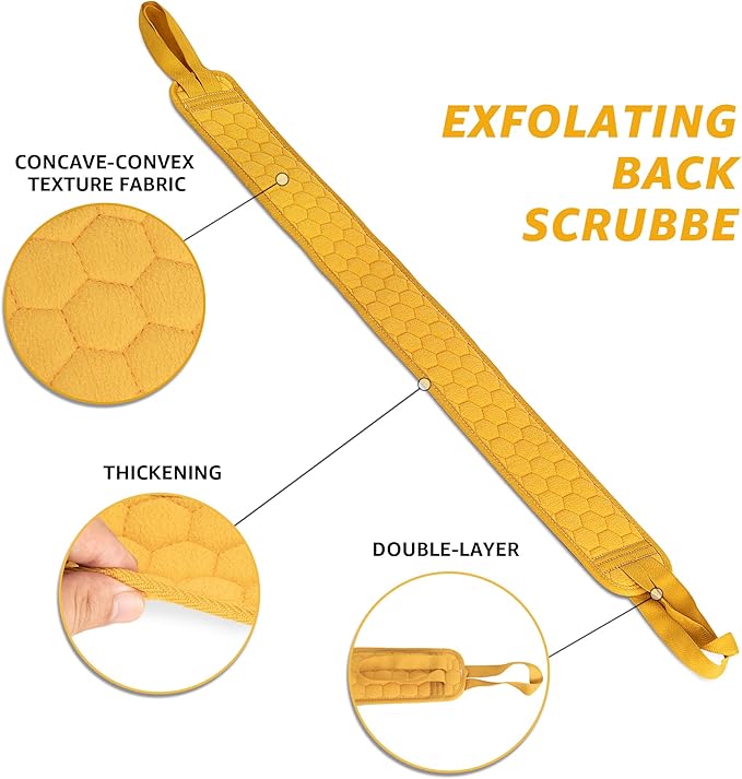 39.37 Inch Exfoliating Back Scrubber with Handles, Extended Exfoliating Back Scrubber for Shower, Soft Double-Sided Body Exfoliator for Deep Cleaning Your Skin for Men & Women, Yellow