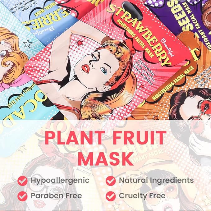 Girl Character Sheet Masks, Spa Party Facial Mask Skincare Set, Sheet Masks Skin Care, Moisturize Brighten Soothe for All Skin Types, Christmas Birthday Gifts for Women Men Girls, (8Pcs)