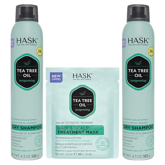 HASK Dry Shampoo Duo (4.3oz-Qty 2) & Deep Conditioner Packette, Aluminum-Free, Sulfate-Free, Paraben-Free, Color Safe, for All Hair Types (Tea Tree)