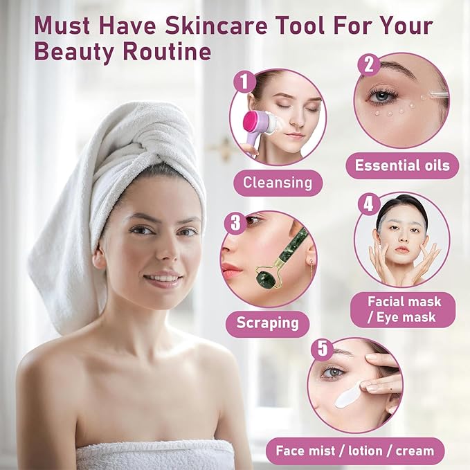 Face Brush 2 in 1, Silicone Facial Cleansing Exfoliating Brush Soft Bristles Pore Deep Cleansing, Jade Face Roller Skin Care Tools, Manual Dual Face Wash Scrub Brush Massaging Gift