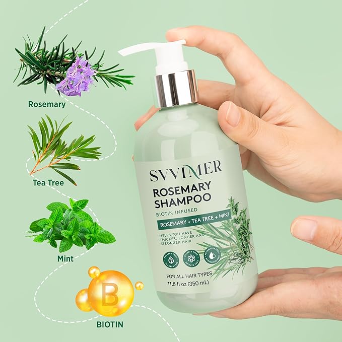 Svvimer Rosemary Hair Thickening Shampoo: Thickening and Strengthening Formula for Men & Women - Volumizing Shampoo with Tea Tree Oil Biotin Mint - For Thinning Fine Hair 11.8 Fl Oz