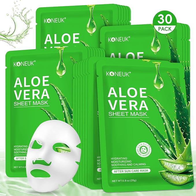 30 Pack Aloe Vera Hydrating Face Masks Skincare, Moisturizing & Soothing Sheet Face Mask for Skin Care, Bulk Aloe Face Masks for After Sun Care and Sunburn Relief