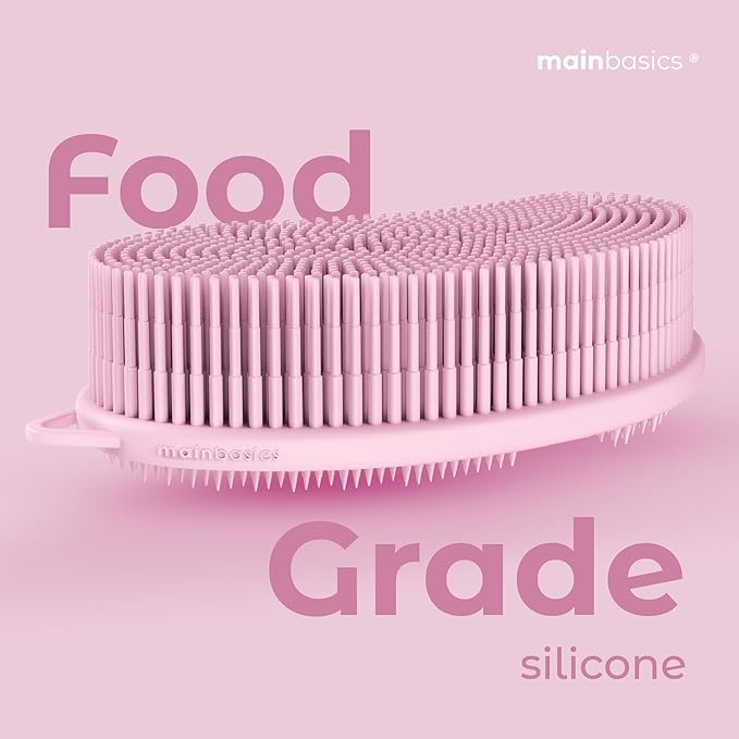 MainBasics Silicone Body Scrubber – Dual-Sided Shower Exfoliator for Men & Women, Gentle Silicone Loofah Alternative for Deep Clean (Pink, Exfoliate)