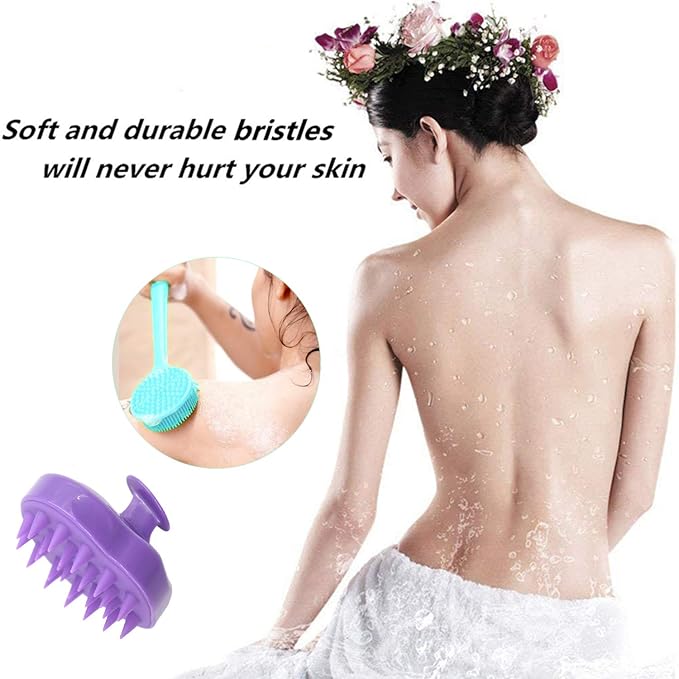 Silicone Body Scrubber & Scalp Massager, Long Handle Shower Brush, Exfoliating Scrubber for Men, Women & Kids