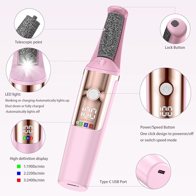 Callus Remover for Feet Rechargeable, Smooth Pedicure Wand Electric Foot File, Professional Pedicure Tools Kits Foot Scrubber for Smoother Feet Ideal Gift, Pedicure Kit Feet Care for Dead Dry Skin