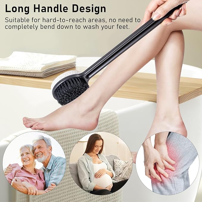 Pumice Stone for Feet and Shower Brush with Long Handle 14", Hard Skin Callus Remover, 2 in 1 Foot Scrubber Brush, Back Scrubber Body Brush for Shower Deep Cleansing and Exfoliating (Straight)