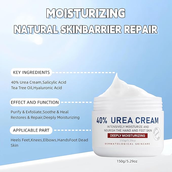 40% Urea Foot Cream with 2% Salicylic Acid Dry, Cracked Heel Treatment Callus Remover for Feet, Hands, Elbows Knees Tea Tree, Aloe Hyaluronic Acid Moisturizing Formula, 5.29 oz