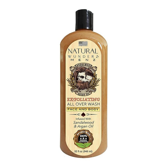Mens Face and Body Wash with Sandalwood & Argan Oil, 32 Fl Oz Exfoliating Liquid Soap with All Natural Ingredients, Vegan, Sulfate Free, and Cruelty Free Body Scrub