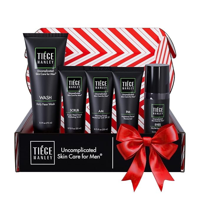 Tiege Hanley Skin Care Set for Men, Advanced Routine, System Level 2, Daily Face Wash, Facial Scrub, Two Moisturizers, and Eye Cream for Healthy, Hydrated Skin, Men’s Skin Care, 5 Piece Kit