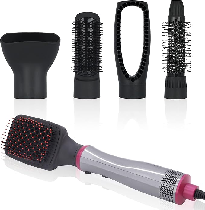 Hair Dryer Brush, Blow Dryer & Volumizer Styler Hot Air Brush, Negative Ionic Electric Hair Curler Straightener Brush, Detachable & Interchangeable Brush Head (Gray&Pink), BY-812