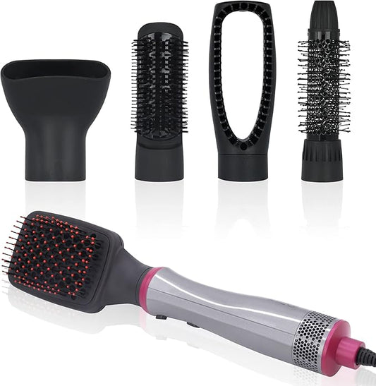 Hair Dryer Brush, Blow Dryer & Volumizer Styler Hot Air Brush, Negative Ionic Electric Hair Curler Straightener Brush, Detachable & Interchangeable Brush Head (Gray&Pink), BY-812