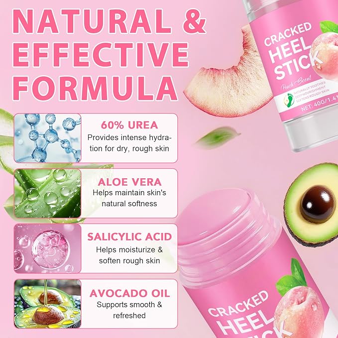 Peach+Aloe Scent Urea Cream 60% Plus Salicylic Acid 2% Foot Balm Stick for Dry Cracked/Chapped Heel, Skinned knees, Hand Intensively Hydration/Moisturization, Callus Removal/Softening/Soothing|40g+40g