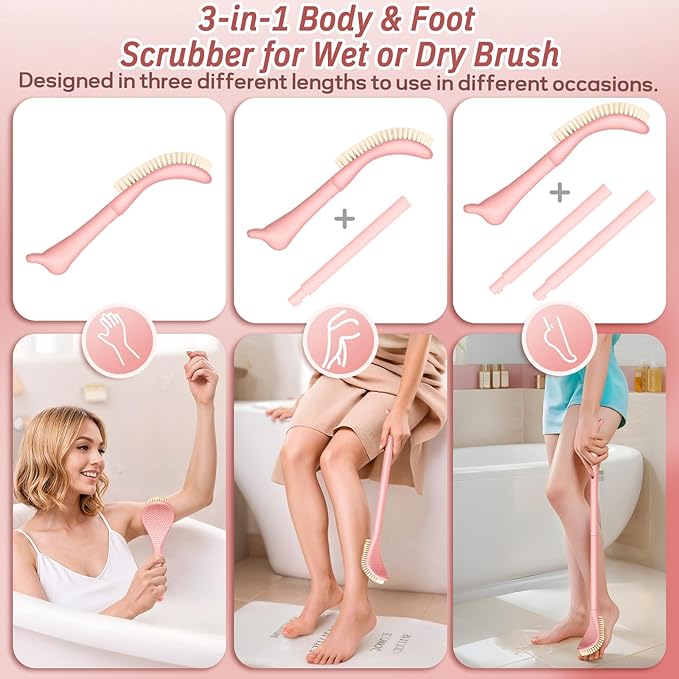 New Foot Brush & Back Scrubber Set 2PCS, 10.2''- 27.5'' Adjustable Foot Scrubber for Shower, 18.9'' Shower Back Scrubber with 3-Length Usage, Great Aid for People with Limited Mobility(Pink)