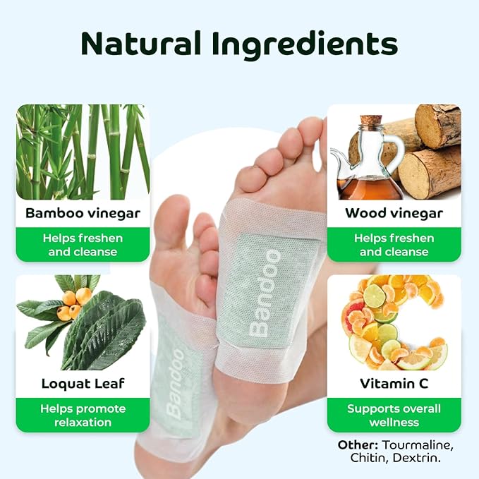 Bandoo Original Foot Pads | Premium Natural Foot Care Pads with Bamboo Vinegar & Tourmaline | Comfortable Overnight Foot Application | for Men & Women | 10 Pads