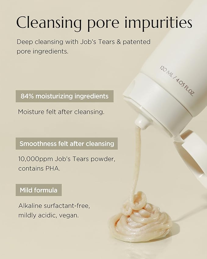 CHICHO Korean Pore Purifying Mild Cleanser with Job's Tears Seed Powder 10,000ppm, PHA, 5 Ceramides 84% - Deep Cleansing & Exfoliating Hydrating Face Wash for Sensitive Skin, 4.05 fl.oz.