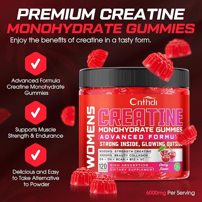 6000mg Creatine Monohydrate Gummies, HIGH Absorbed Creatine for Women, Preworkout Gummies with Collagen, BCAA 2:1:1, L-Taurine, Vitamin C & B12, Supports Muscles & Recovery, Energy & Stamina