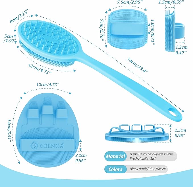 Silicone Back & Face Scrubber & Bath Glove Set 3PCS, 13.4'' Gentle Back Scrubber with Dual-Side Head, 360° Anti-Slip Bath Glove, Unique Side-bristled Face Scrubber for All-Round Cleaning(Blue)