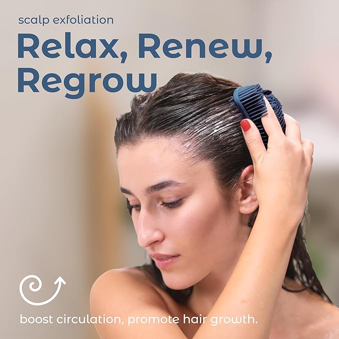 MainBasics Silicone Body Scrubber – Dual-Sided Shower & Scalp Scrubber, Gentle Silicone Loofah Alternative for Deep Clean (Dark Blue, Scalp)