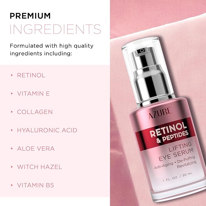 Azure Cosmetics Retinol & Peptides Lifting Eye Serum - Anti Aging, De-Puffing & Revitalizing Dark Circle Corrector - Reduces Wrinkles, Fine Lines & Under Eye Bags - Made in Korea - 30mL / 1 fl.oz.
