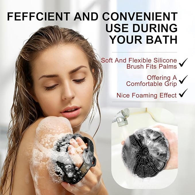 Silicone Body Scrubber Shower Brush, Exfoliating Body Wash Scrubbers for All Skin Types, Ergonomic No-Slip Handle, Body Brush for Showering (Black)