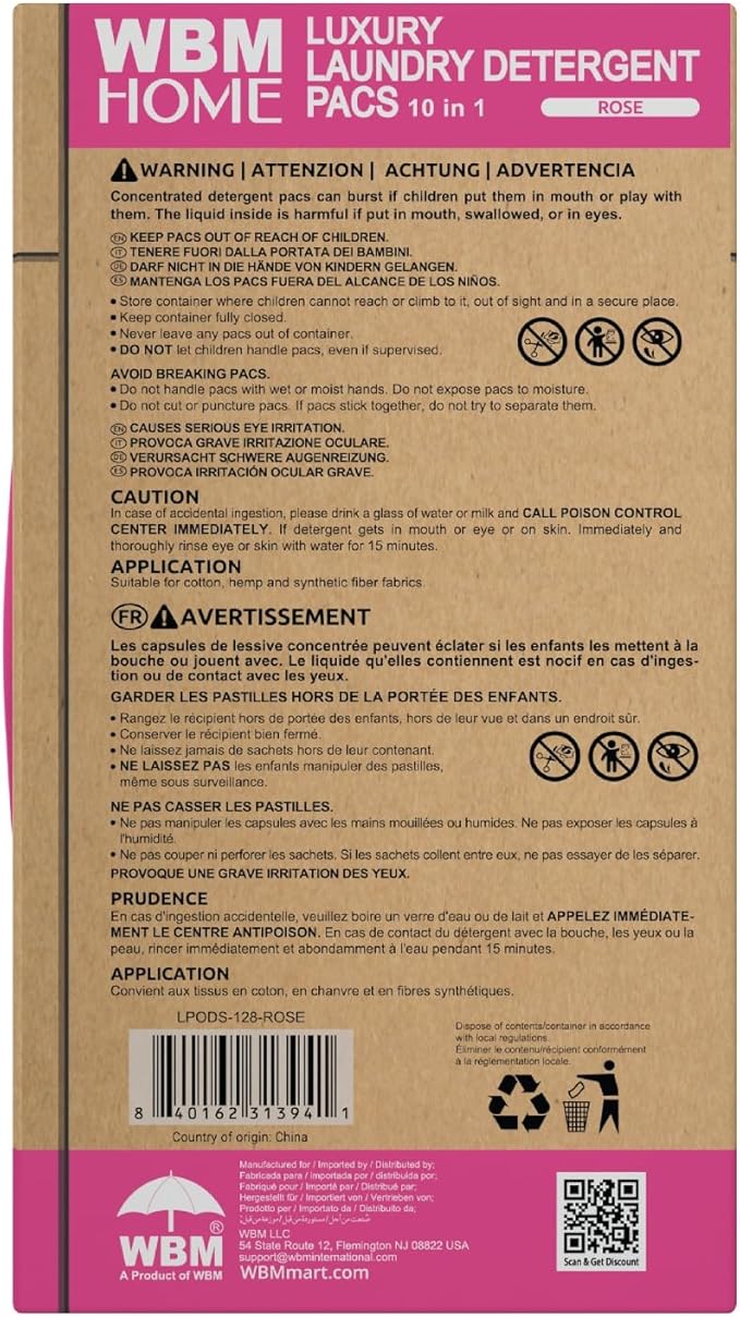 WBM 10-in-1 Laundry Pods, Total 128 Count, High Efficiency, Ultra Concentrate with Powerful Stain Lifter Technology, Fabric Softener With Rose Extracts, Detergent Pods