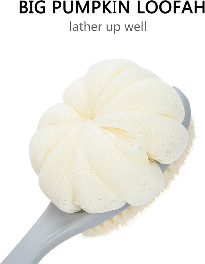 Shower Body Brush with Bristles and Large Pumpkin Loofah,Back Scrubber Bath Mesh Sponge with Anti-Slip Curved Long Handle for Skin Exfoliating,Massage Bristles for Wet or Dry,Men Women (Grey)