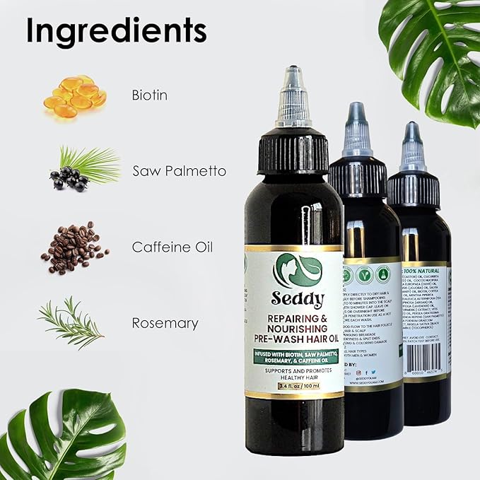 Seddy Pre-Wash Nourishing Treatment Oil for Dryness, Breakage, Split Ends With Castor, Biotin, Coconut, Rosemary, Caffeine Oil, Hair Strengthening Elixir - 3.4 Fl. Oz