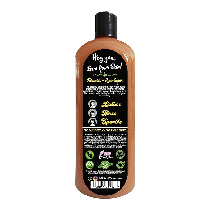 Natural Wunderz Body Wash with Turmeric and Raw Sugar, 32 Fl Oz, Exfoliating Gentle Cleanser and Shower Gel for all skin types, Vegan, Sulfate Free, and Cruelty Free Body Scrub