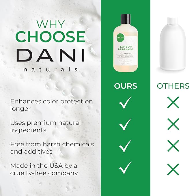 DANI Naturals Shampoo - Bamboo Bergamot is a sulfate-free, vegan, and organic shampoo that deeply hydrates and nourishes dry and curly hair, leaving it soft, smooth, and manageable.