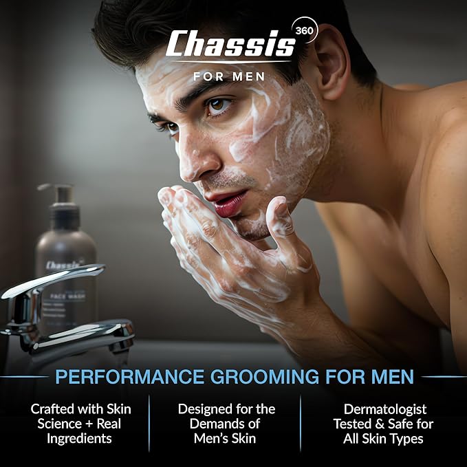 Chassis 360 Dual Action Face Wash - Hydrating & Oil Control Men's Face Wash with Niacinamide, Vitamin C & Hyaluronic Acid - Free From Phthalates, Parabens & Sulfates - Unscented Cleanser - 6 Fl Oz