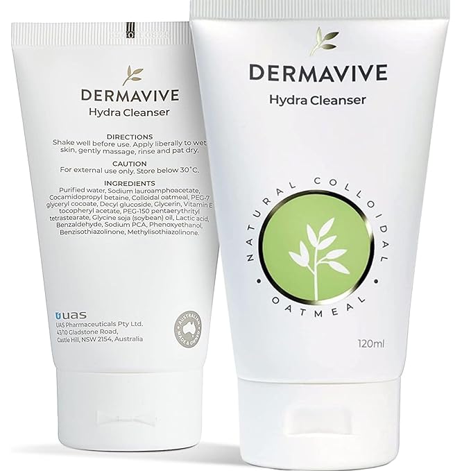Dermavive Hydrating Facial Cleanser, Soap-Free Gentle Cleanser with Colloidal Oatmeal & Vitamin E, Soothes & Moisturizes Sensitive & Dry Skin, Suitable for All Skin Types, 120ml (4.05oz)