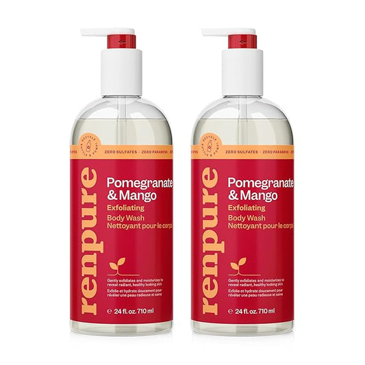Renpure Pomegranate & Mango Exfoliating Body Wash - Cleanses, Exfoliates, Moisturizes & Rejuvenates Skin - For All Skin Types - Pomegranate Extract, Mango Fruit Extract - 24 Fl Oz each, 2 Pack