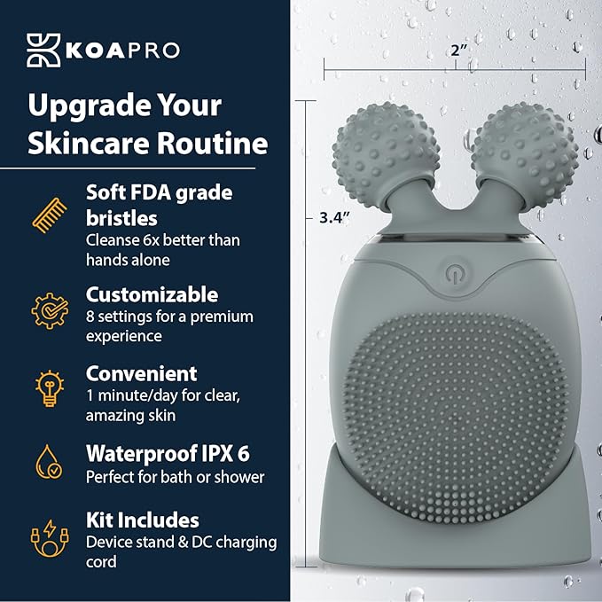 KOAPro Facial Cleansing Brush Exfoliating Face Scrubber for Women and Men, Waterproof Face Brush Cleanser, 3-in-1 Rechargeable Electric Facial Massager Tool, Reusable Sonic Silicone Scrubber