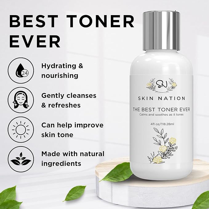 Skin Nation Hydrating Gentle Rosewater Toner with Aloe Vera and Chamomile, Alcohol-Free and Paraben-Free, for Dry, Sensitive, Oily and Combination Skin, 4 fl oz
