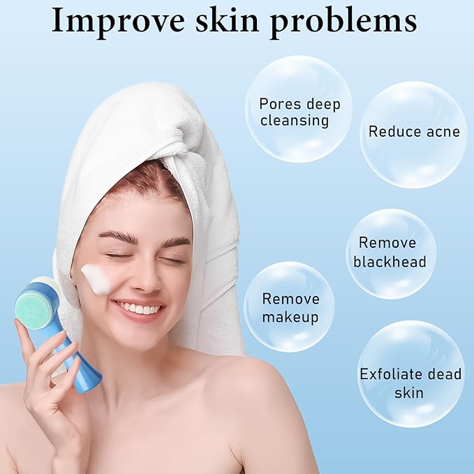Face Brush 2 in 1, Facial Cleansing Exfoliating Scrubber Brush, Silicone Double Side Manual Face Wash Scrub Brush with Soft Fiber for Deep Pore Cleansing, Massaging, Skin Care,Blue