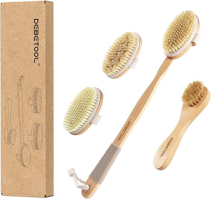 Dry Brushing Set - Natural Boar Bristle Body & Face Brush, Wooden Long Handle Scrub Brush for Cellulite & Lymphatic Drainage Body Care, Detachable, 3 Brush Heads