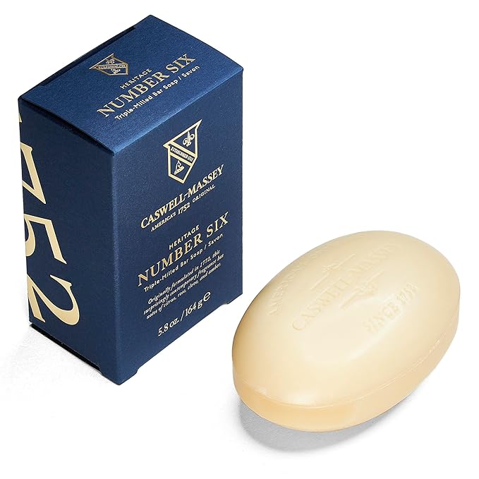 Caswell-Massey Number Six Natural Bar Soap for Men, Moisturizing Body Soap Bar for All Skin Types, Made with Essential Oils & Plant-Based Formula for Soft Skin, Made in USA, 5.8 oz