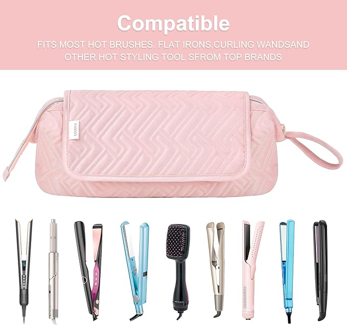 Leudes Hair Tools Travel Bag for Women Heat Resistant Mat for Travel Essentials Hot Tools Straighteners,Flat Irons,Curling Iron,Hot Air Brushes and Hair Dryer Organizer Bags 2 in 1(Pink)
