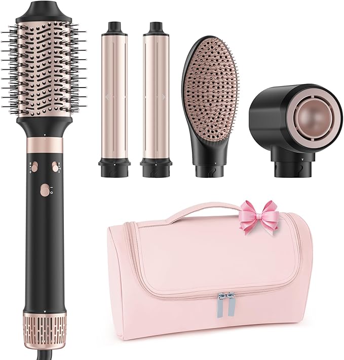 5 in 1 Dual Voltage Hot Air Styler - Professional Hair Dryer Brush for Fast Drying, Curling, Straightening & Volumizing | Low Heat Damage + Negative Ions + Travel-Friendly(Black + Pink)