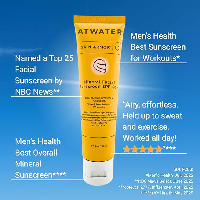 ATWATER Skin Armor Mineral Face Sunscreen SPF 50+, Ultra Light All-in-One Sunblock Moisturizer for Men and Women, Water & Sweat Resistant - 1.7 oz
