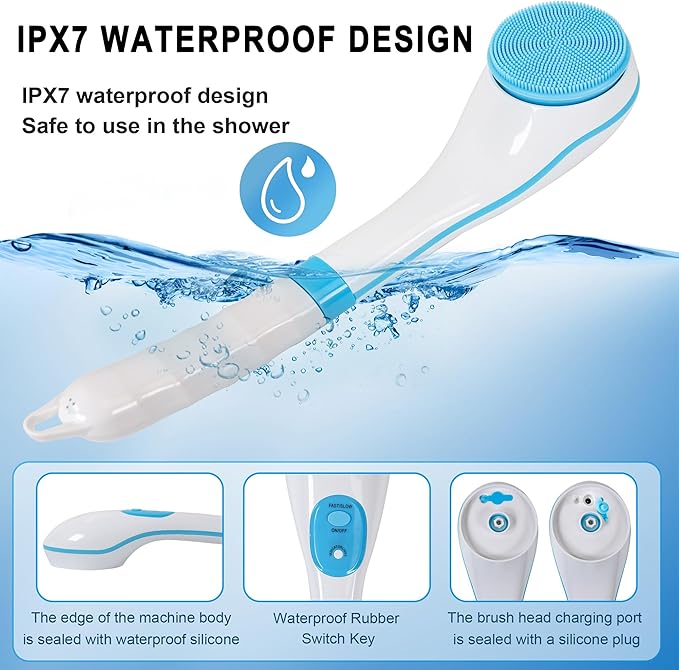 OWIIZI Electric Bath Brush Back Scrubber for Shower, Detachable Long Handle Exfoliating Face Cleansing Silicone Massager, 5 Brush Heads, 6 Speeds, Deep Clean Electronic Body Brushes for Men Women