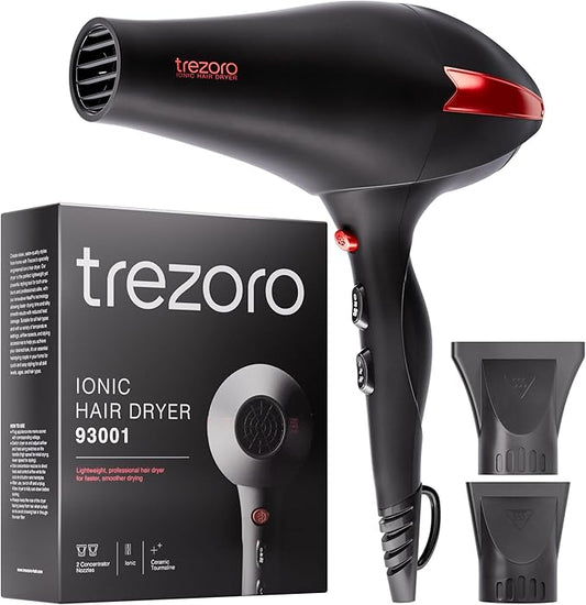 TREZORO Professional Blow Dryer for Women – Ionic Hair Dryer 2000W for Salon & Personal Use – Powerful, Fast & Quiet Drying for Curly Hair, Unwanted Frizz – Design for Travel – 8.2ft Cord – Black