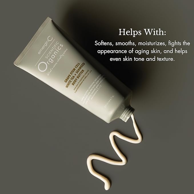 emergin C Scientific Organics Grape Stem Cell, White Tea + Seaweed Body Butter - Nourishing Plant Stem Cell Cream with Vitamins A, C, E for Dry Skin (6.7 oz, 200 ml)