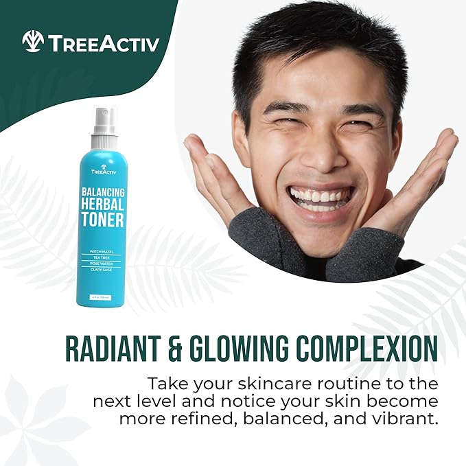 TreeActiv Balancing Herbal Toner | Facial Skin Moisturizer | Witch Hazel | Rose Water | Clary Sage | Tea Tree | Natural Astringent | Alcohol-Free | Reduce Oily Face Acne | Men, Women, Teens | 4 fl oz