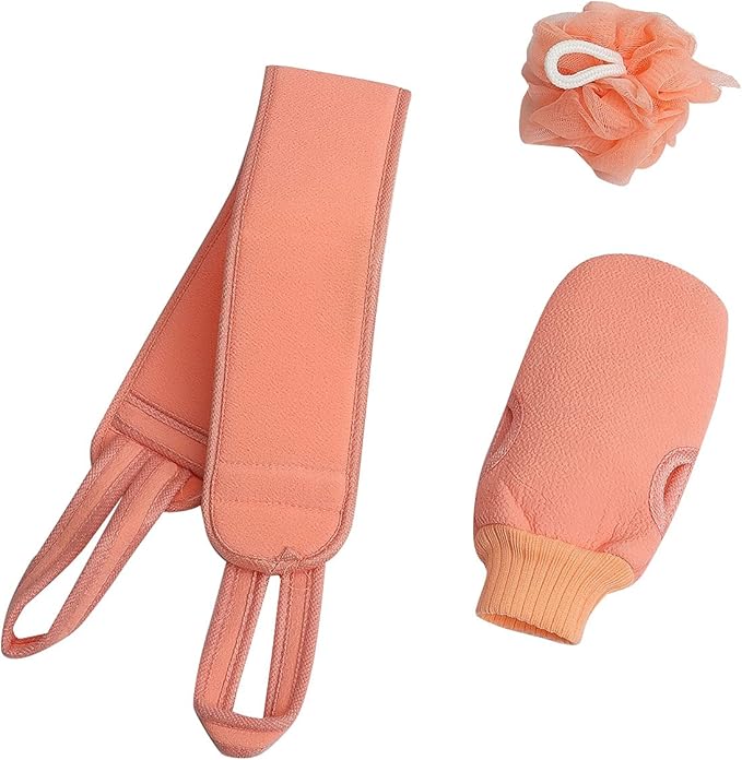 3 Pcs Exfoliating Back Scrubber for Shower, Exfoliating Gloves and Loofah Sponge Set, Body Scrubber Body Brush Set for Men and Women, Deep Clean and Massage Your Body (1 Set, Pink)