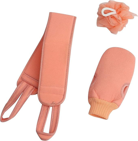 3 Pcs Exfoliating Back Scrubber for Shower, Exfoliating Gloves and Loofah Sponge Set, Body Scrubber Body Brush Set for Men and Women, Deep Clean and Massage Your Body (1 Set, Pink)